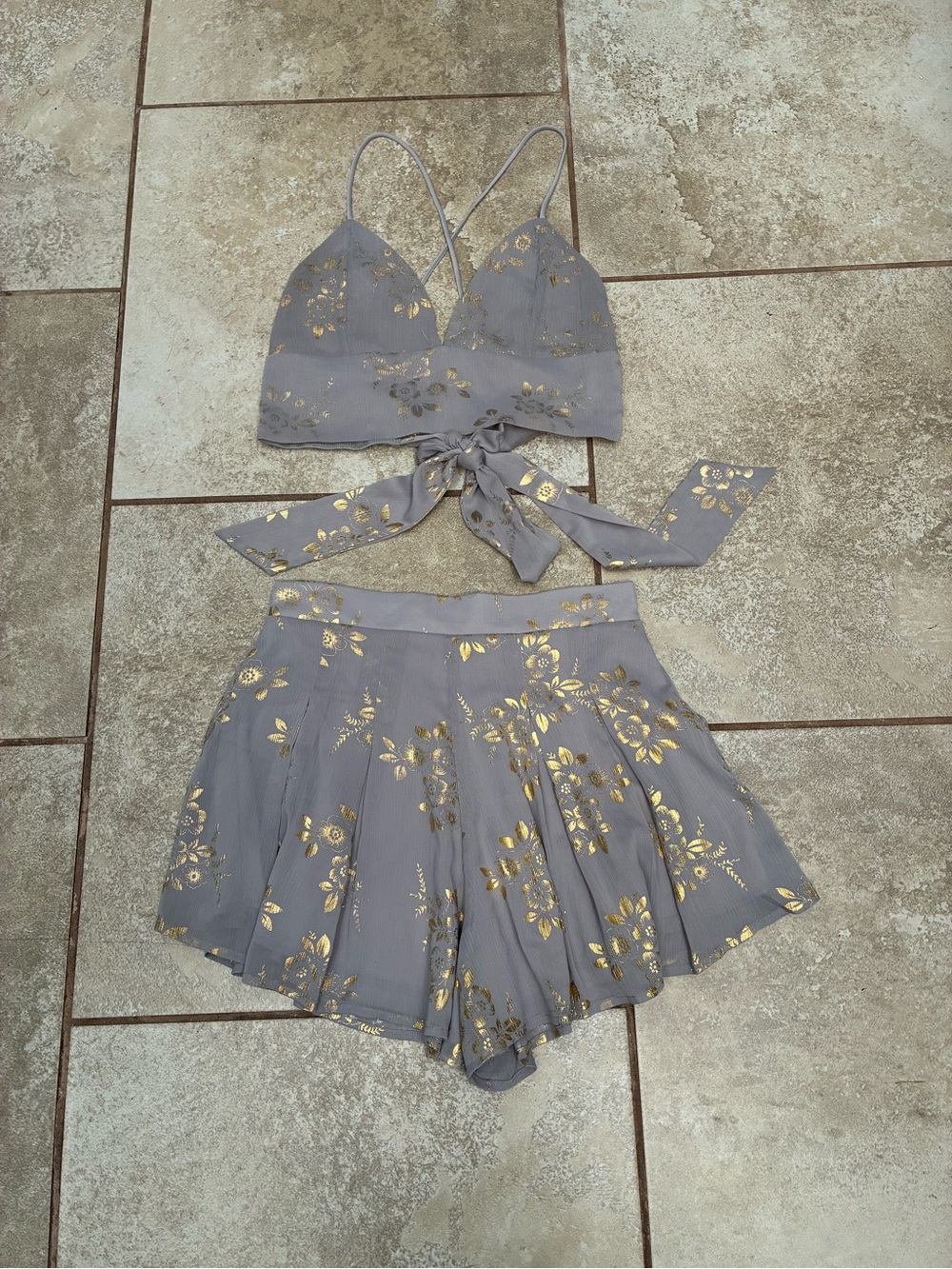 Lucy in the Sky Gray Crop Top and Flared Skirt Set with Gold Floral Foil